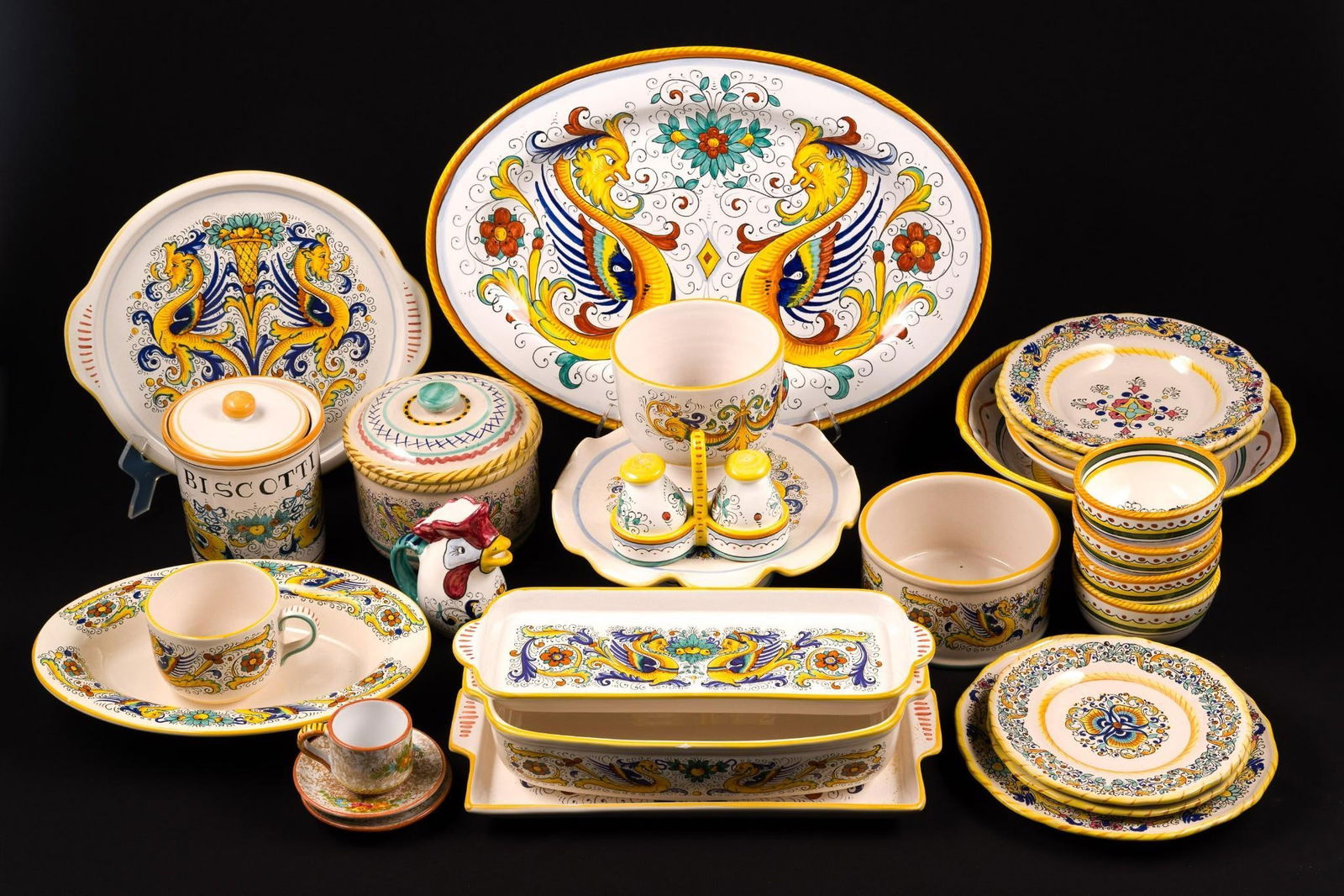 31 Pcs Deruta Italian Ceramics: 2-1/2" to 21" wide x 1-1/4" to 2-1/4" high.