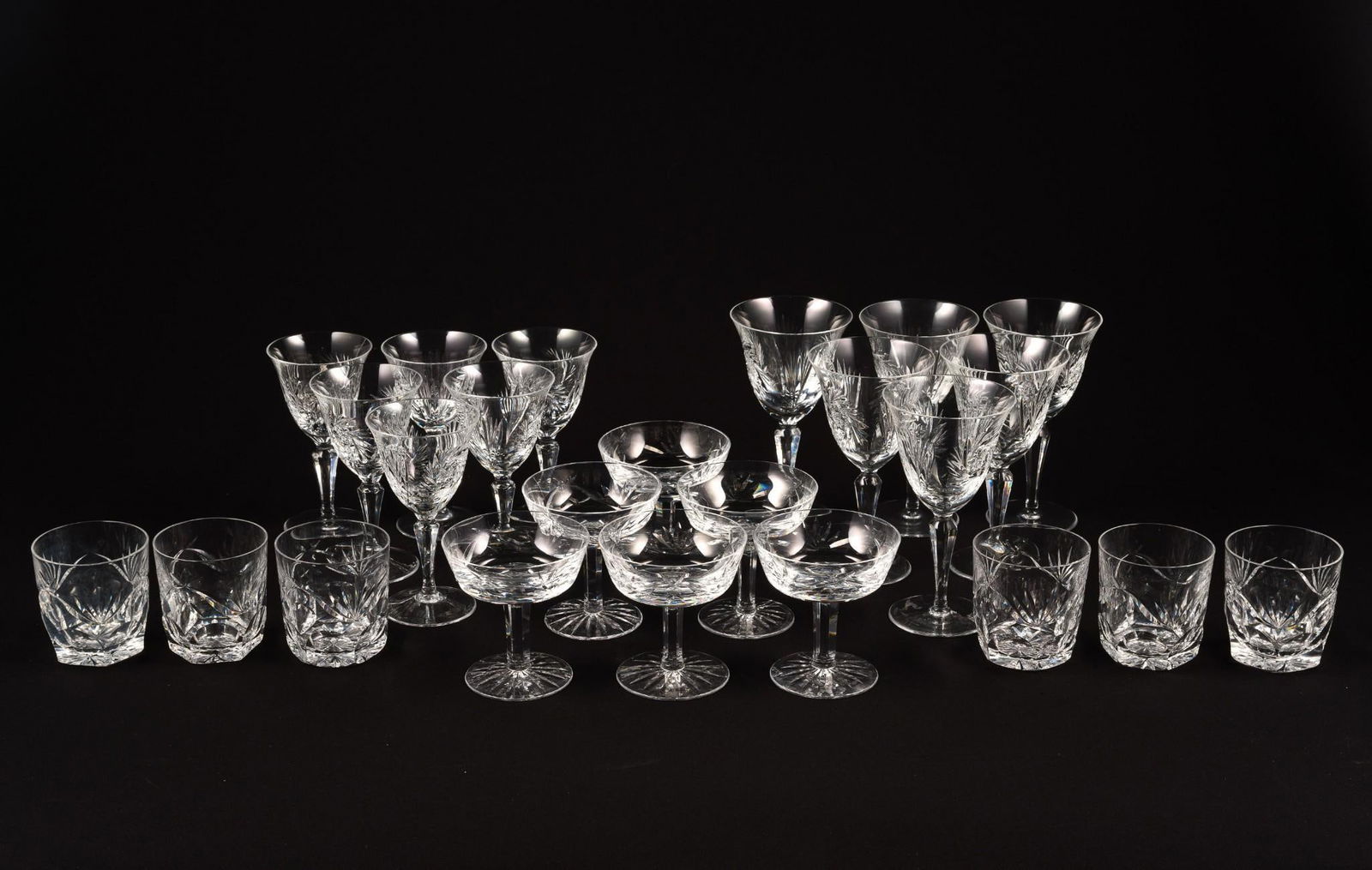 24 Pcs Cut Glass Drinkware incl. Waterford: Also includes Spode. 3-1/4" to 4" wide x 3-1/2" to 7" high.