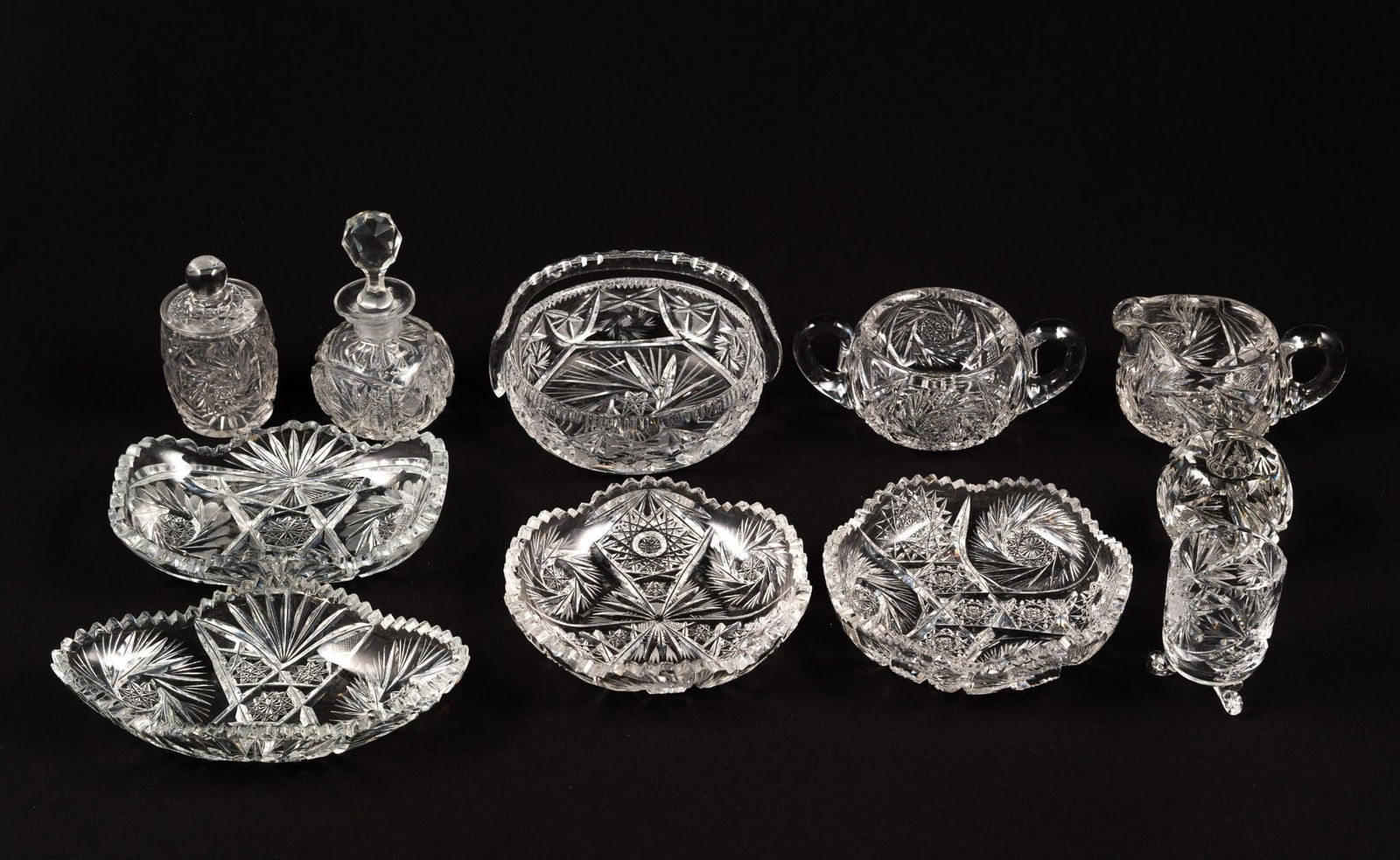 11 Pcs Cut Glass incl. Spode: 2-1/2" to 6-3/4" wide x 2" to 4" high.