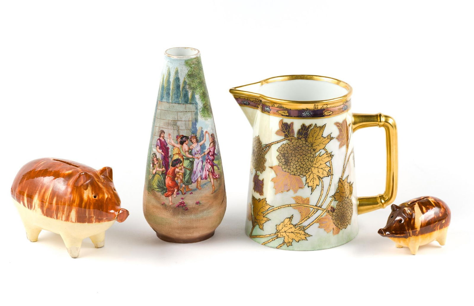 4 Pcs Decorative Ceramics incl. Limoges: 3-3/4" to 4" wide x 2-1/4" to 9" high. One vase marked Made in Germany.