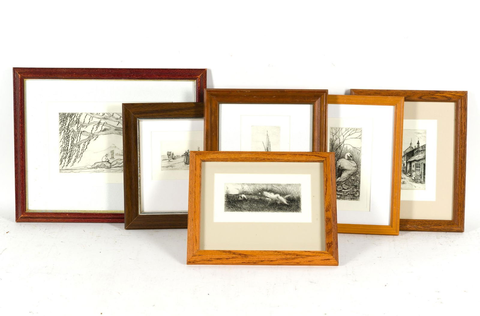 6 Framed Etchings: NOT ELIGIBLE FOR IN-HOUSE SHIPPING: See Terms for Shipping Options. Some marked J. Locke 1911. 12" to 12-3/4" long x 9-3/4" to 16" wide.