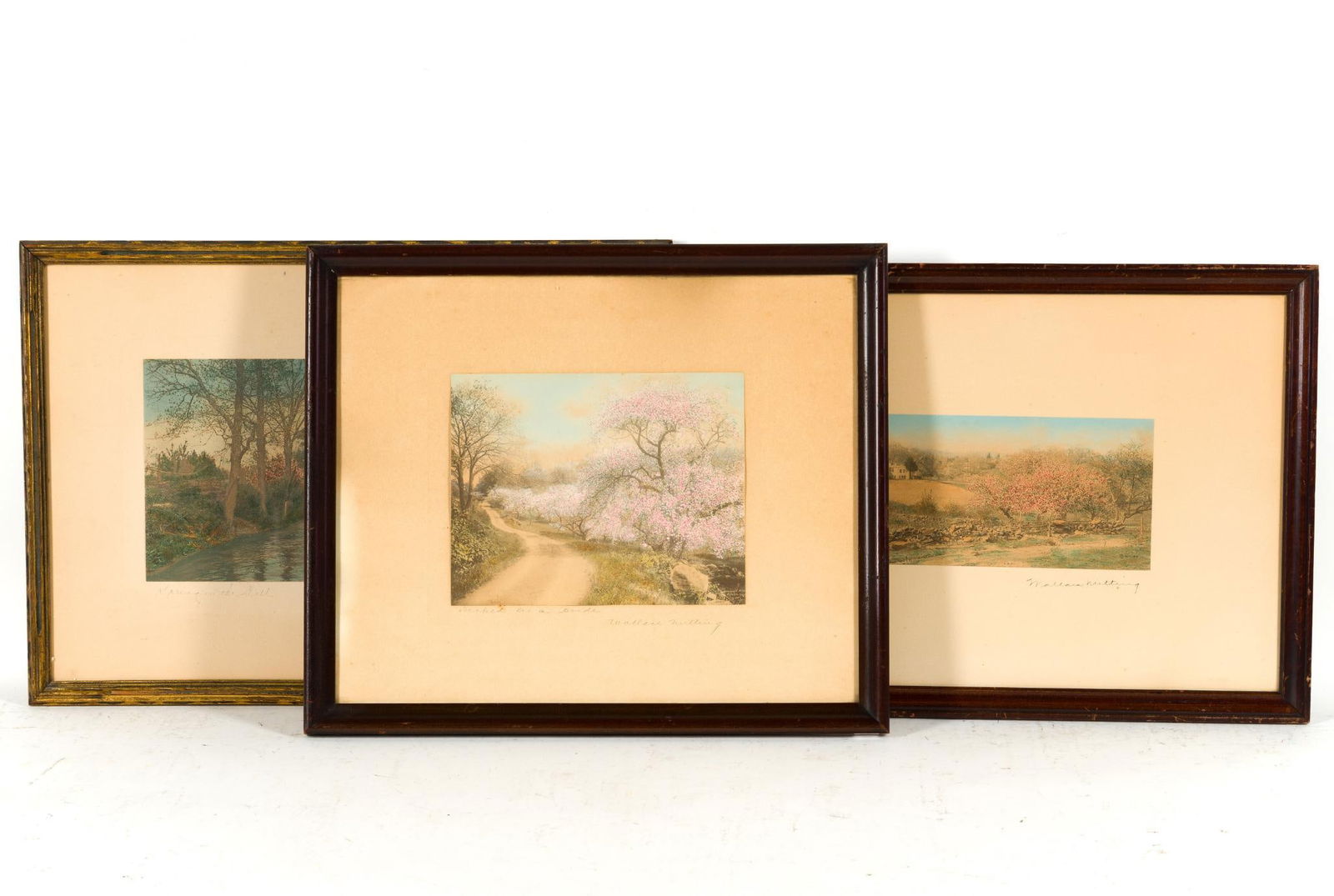 3 Wallace Nutting Framed Prints: NOT ELIGIBLE FOR IN-HOUSE SHIPPING: See Terms for Shipping Options. Includes "Decked as a (?)"; "The Village Vale"; and "Spring in the Dell." 14-1/2" to 15-1/2" long x 18-1/2" to 23-3/4" wide.