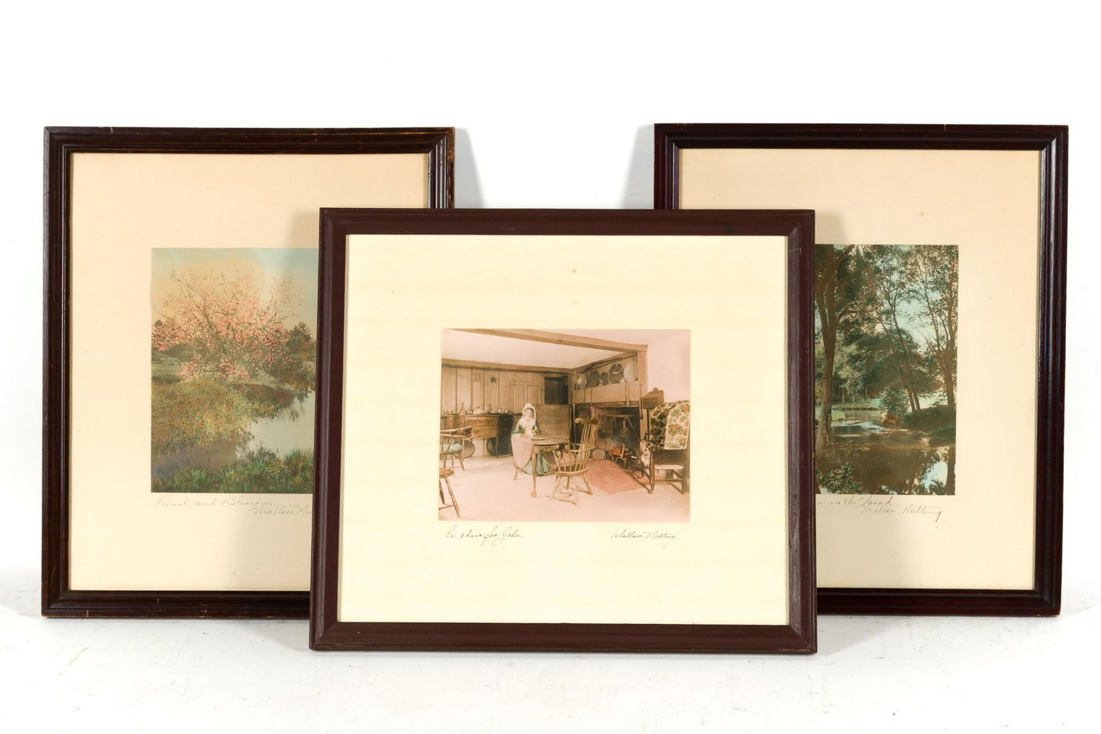 3 Wallace Nutting Framed Prints: NOT ELIGIBLE FOR IN-HOUSE SHIPPING: See Terms for Shipping Options. All signed. Includes "A chair for John"; "Midsummer in the Wood"; and Brook and Blossom." 16-1/4" to 18-1/2" long x 15-1/2" to 18-1/