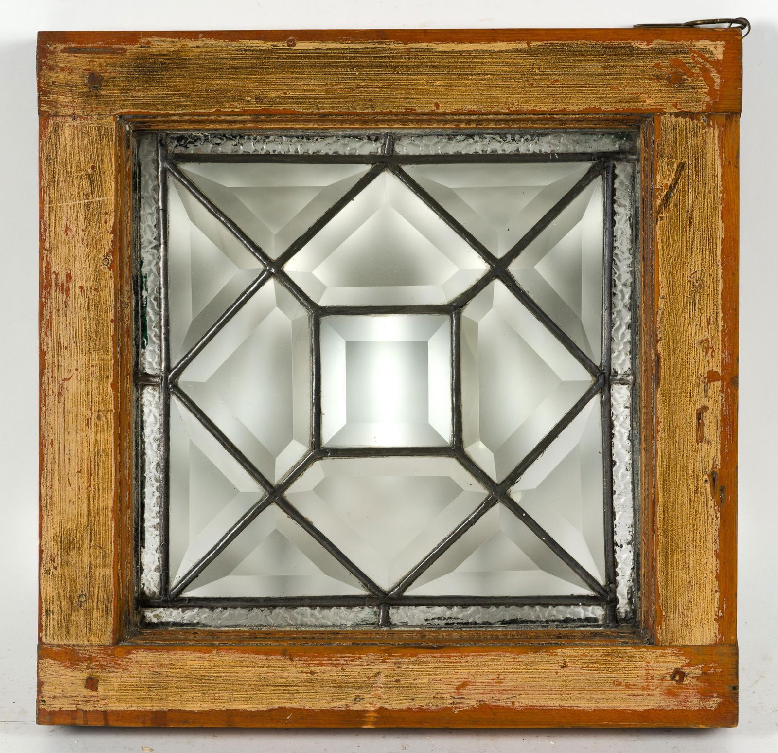 Antique Leaded Glass Window: NOT ELIGIBLE FOR IN-HOUSE SHIPPING: See Terms for Shipping Options. 16" wide x 16" high.