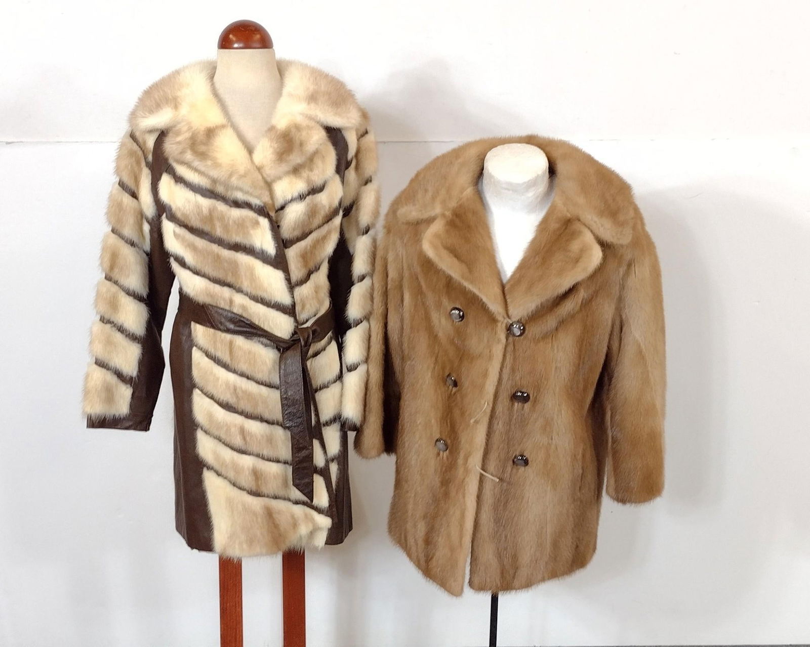2 Fur Coats: Includes Worth Furs & Leo of Shillington. Shoulder to shoulder 16-1/2" to 17" wide. Elastic closures of one coat broken.