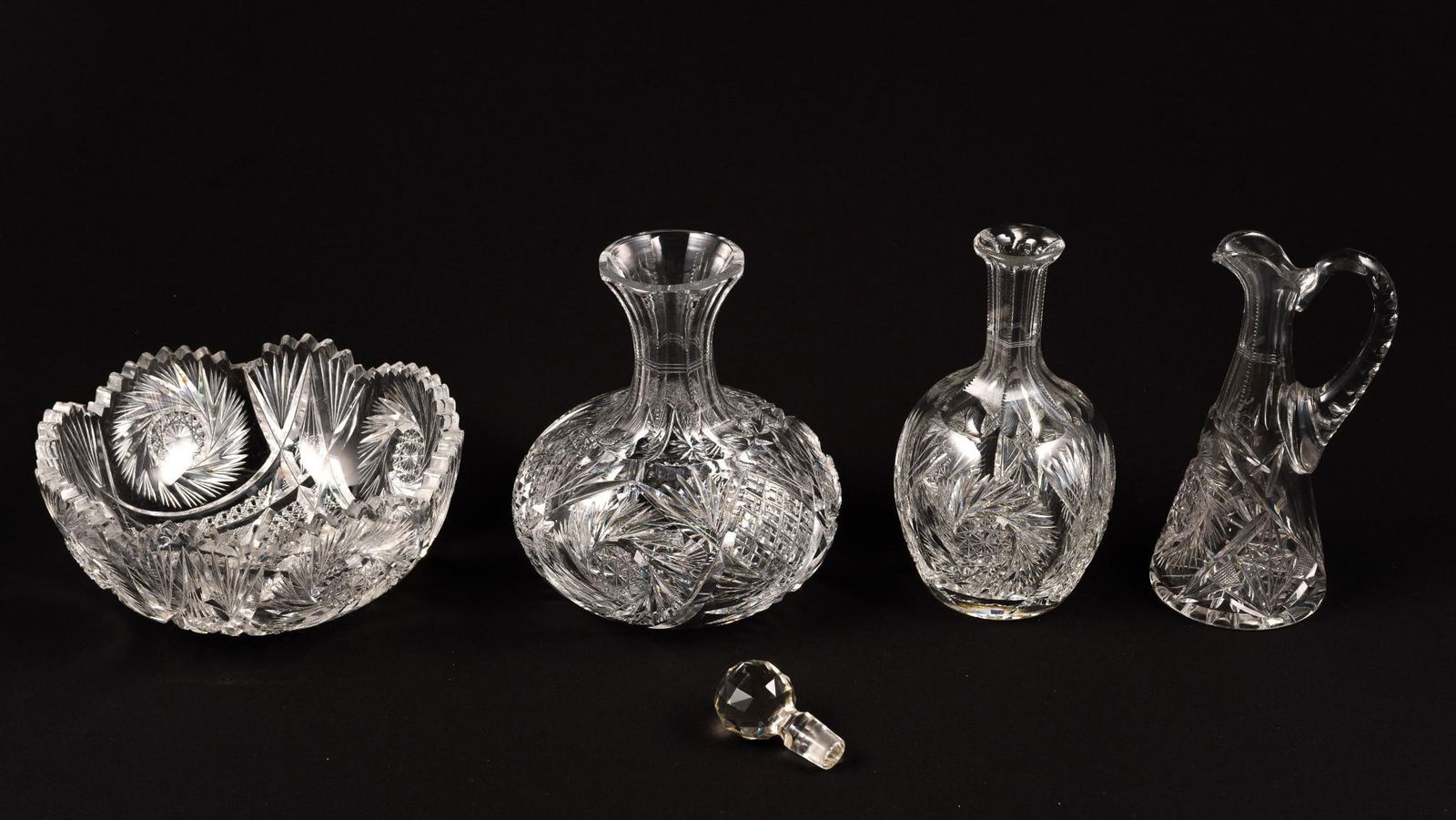 4 Pcs Cut Glass: 3-1/2" to 8-1/4" wide x 3-1/4" to 7-1/2" high.