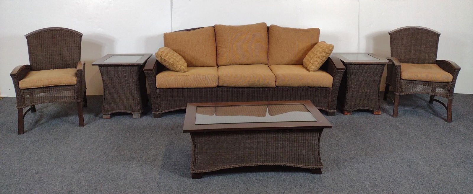 6 Pc Outdoor Set: NOT ELIGIBLE FOR IN-HOUSE SHIPPING: See Terms for Shipping Options. Sofa 81" wide X 36" deep X 34-3/4" high. Arm Chairs 23-1/2" wide X 25" deep X 36" high. Side tables 19-3/4" wide X 19-3/4" deep X