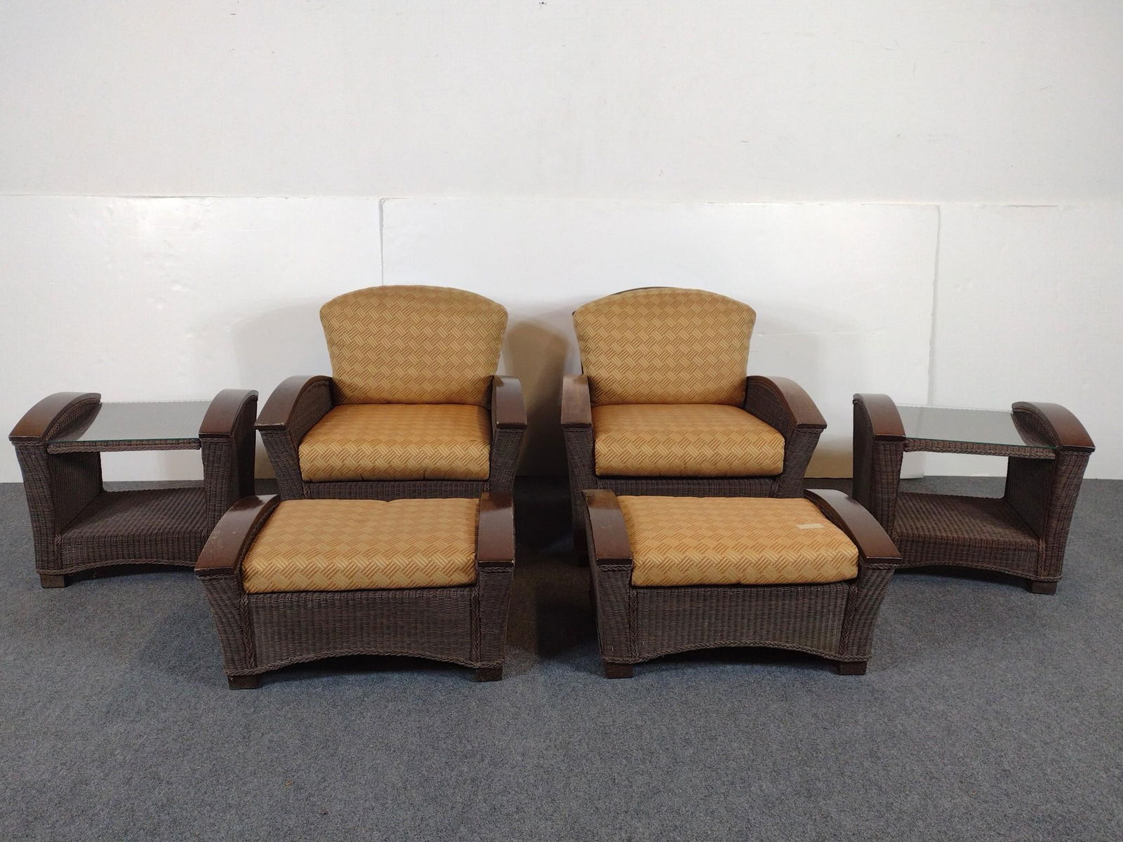 6 Pc Outdoor Set: NOT ELIGIBLE FOR IN-HOUSE SHIPPING: See Terms for Shipping Options. Arm Chairs 33-1/2" wide X 35-1/2" deep X 34-1/2" high. Ottoman31-1/4" wide X 20-1/2" deep X 16-1/2" high. Side tables 25-3/4" wide