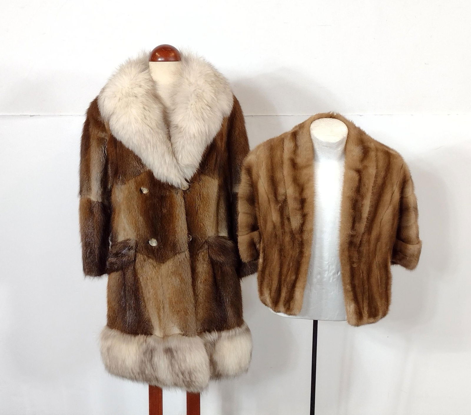 2 Fur Coats: Includes Shillington & The Halle Bros Co. Shoulder to shoulder 17" to 18" wide. Silk liner faded on one jacket.