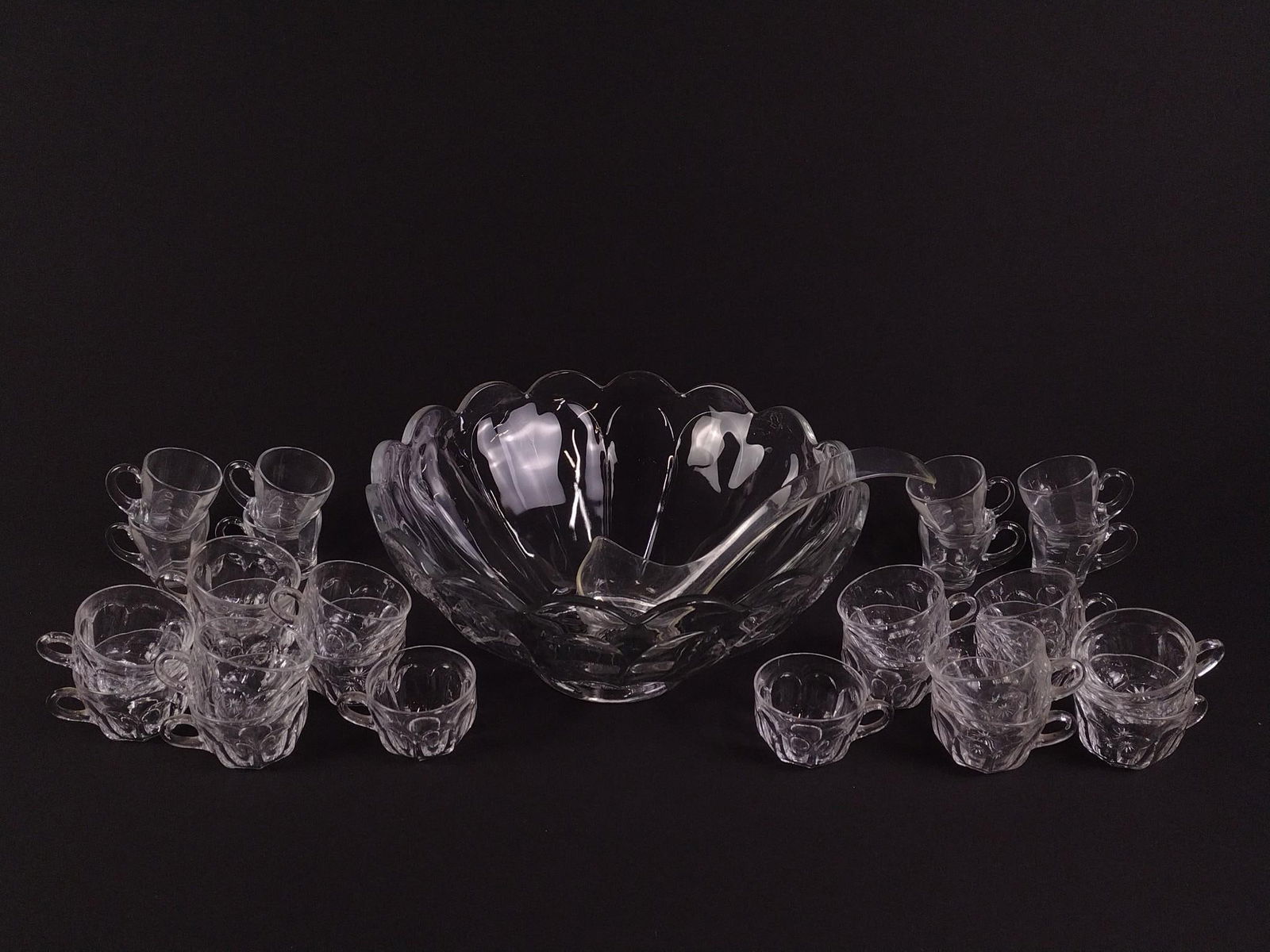 Glass Punch Bowl & 26 Glasses: Punch bowl measures 13-1/2" wide x 6" high.