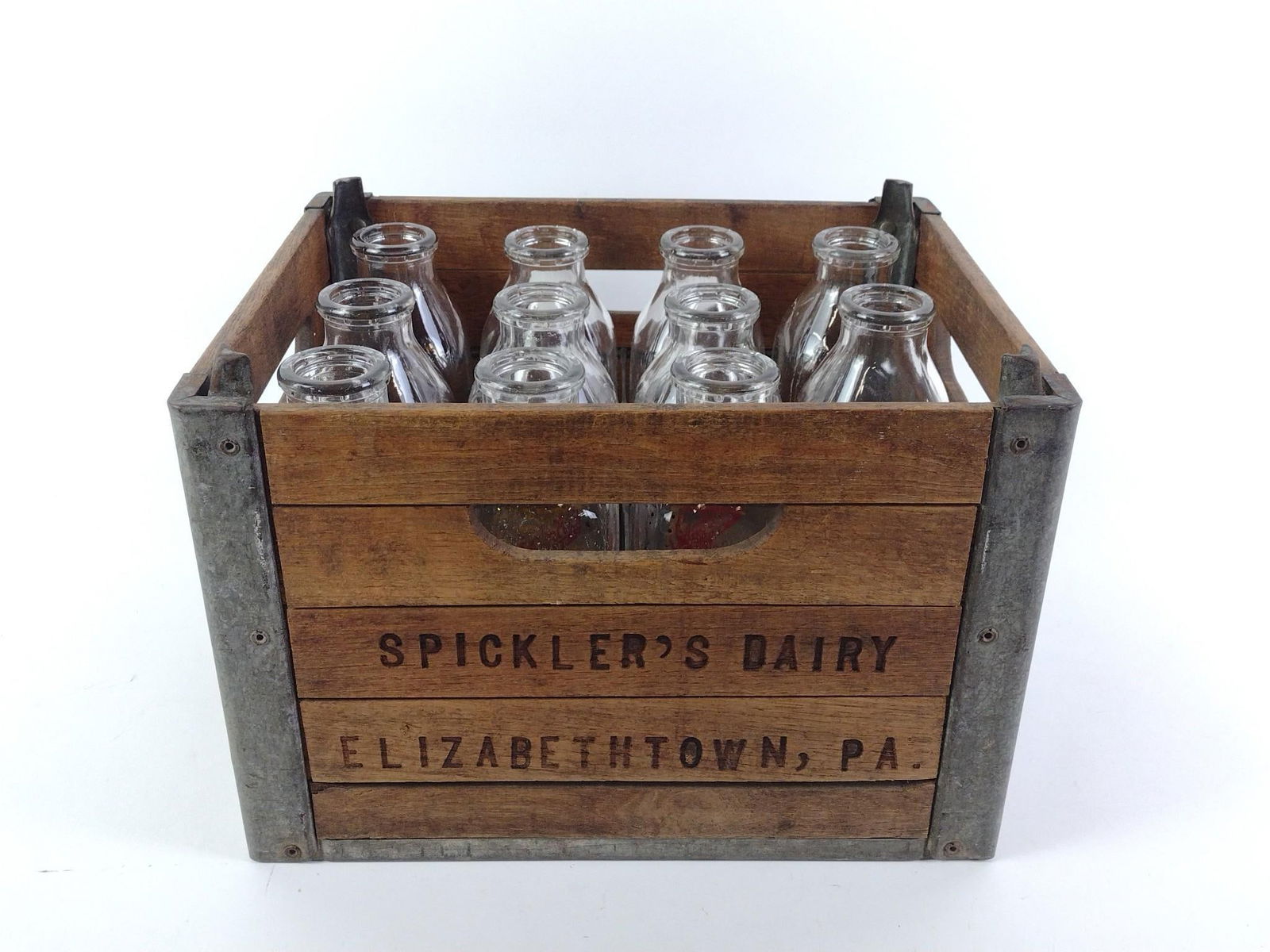 Spickler's Dairy Elizabethtown, PA Milk Box & 11 Glass Milk Jugs: Box measures 12" wide x 10-3/4" high.