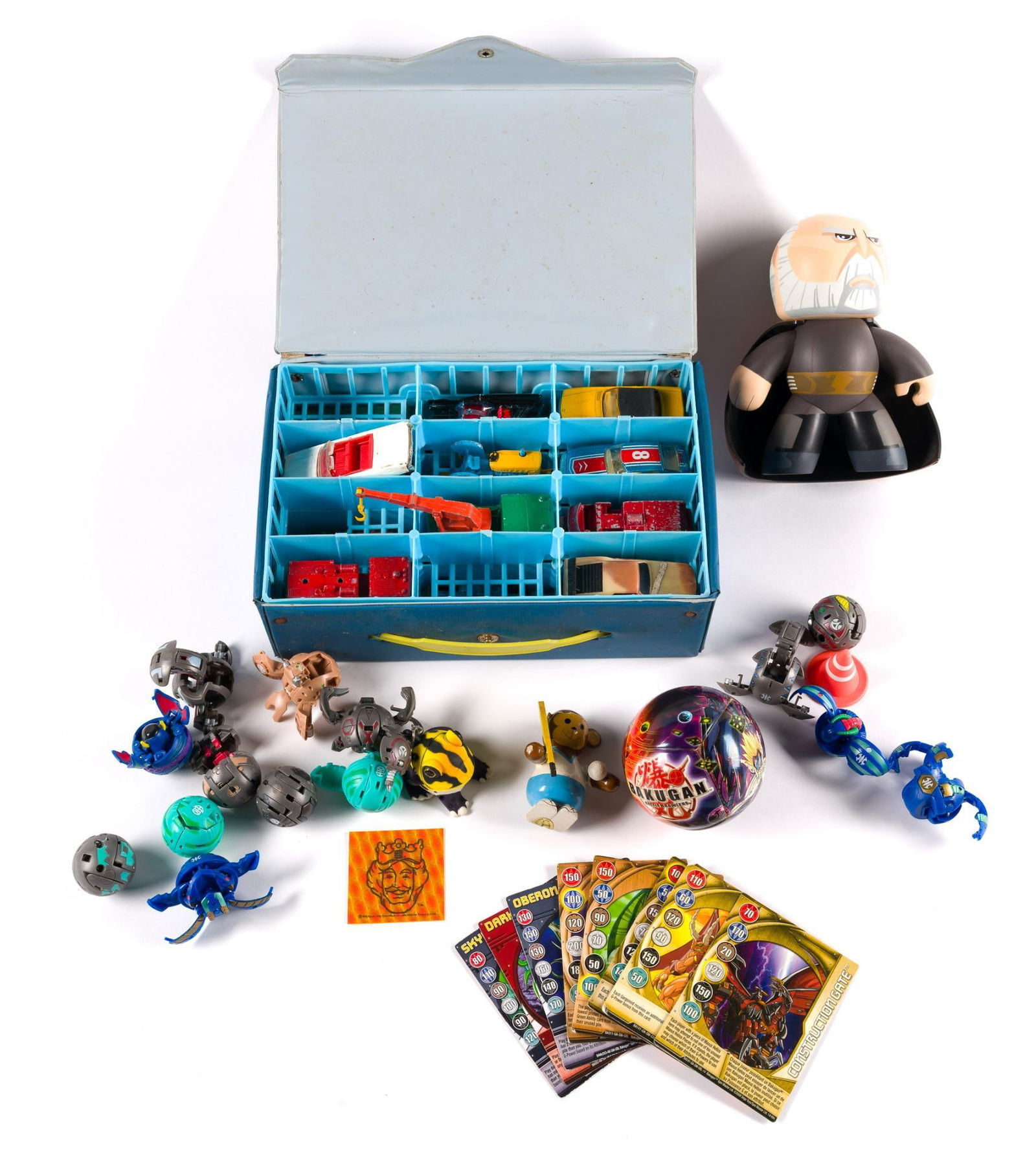 Matchbox Cars, Bakugan, and Various Figurines: Includes set of Matchbox cars (20 cars -- in various states of condition due to play), about 10 Bakugan creatures with cards, a Count Dooku (Star War) Might Muggs Figurine, and more. All in various st