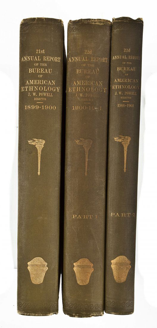 2 Bureau of American Ethnology Reports: DESCRIPTION: The twenty-first and twenty-second Annual Report of the Bureau of American Ethnology to the Secretary of the Smithsonian Institution 1899-1900. Written by John Wesley Powell and printed i