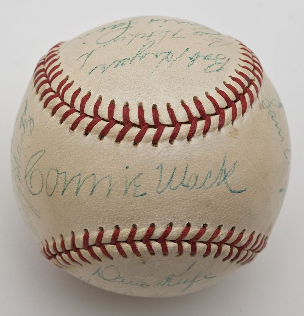 Connie Mack & Philadelphia Athletics Signed Ball: DESCRIPTION: Official League baseball signed by nineteen members of the Philadelphia Athletics including Connie Mack. In its original shipping box when sent from Connie Mack to the recipient in York, 
