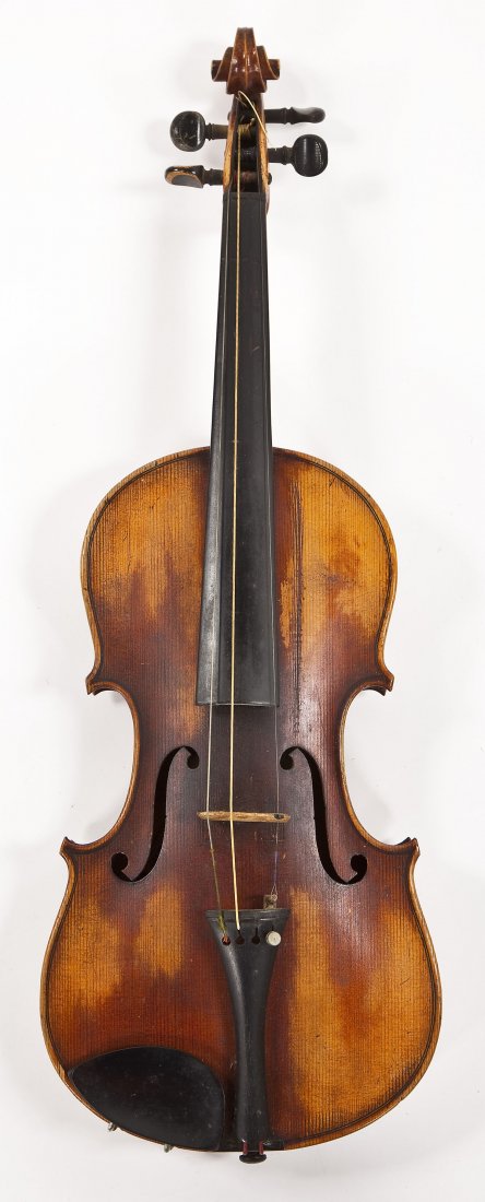 Czech Antonius Stradivarius Copy Violin: DESCRIPTION: Antonius Stradivarius copy 4/4 violin with one piece back. Label in interior marked "Copy of Antonius Stradivarius Made in Czecho-slowakia." With unmarked bow with nickel adjuster and ebo