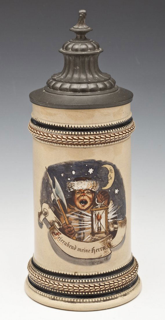 Hand Painted German Porcelain & Pewter Stein: DESCRIPTION: Hand painted porcelain and pewter stein with an applied design at the top and bottom and a hand painted image in the center of a man holding a lantern and an axe beneath a night sky. Insc