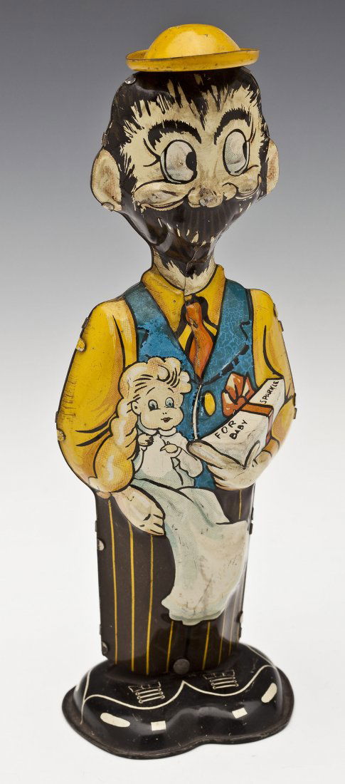 Marx Toys B.O. Plenty Wind-Up Tin Lithograph Toy: DESCRIPTION: Marx Toys B.O. Plenty wind-up tin lithograph toy. Circa 1940. Marked "B.O. Plenty" and with Marx hallmark, verso. Also marked "For Baby Sparkle," on the gift being held. MEASUREMENTS: 8-3