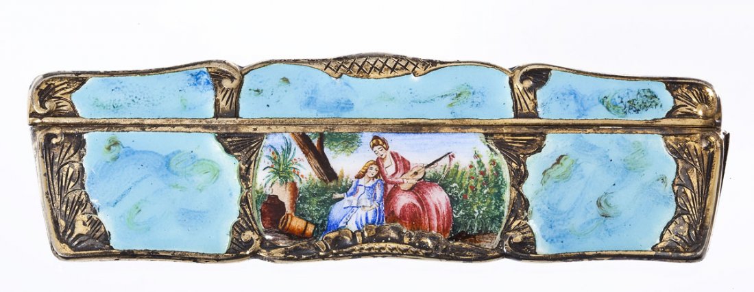 Italian Enameled 800 Silver Comb: DESCRIPTION: An Italian 800 silver cased comb with gilt wash and engraving decorated with enameled cartouches, the central cartouche with scene of ladies playing music. In original box with "U. Bellin
