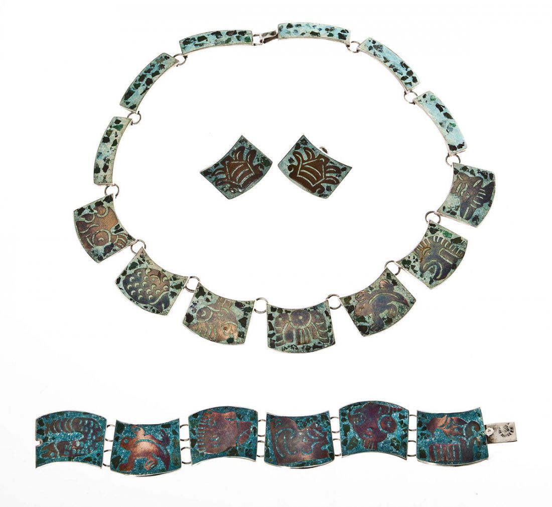 Signed Mexican Sterling Copper & Hardstone Set: DESCRIPTION: Mexican sterling collar necklace, bracelet and screw-back earrings each inlaid with green hardstone and stylized copper animals. Bracelet and necklace marked "Hecho en Mexico 925 RS". Nec