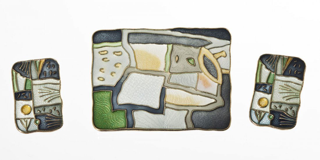 David Andersen Enameled Pin & Earrings: DESCRIPTION: David Andersen modern pin and clip earrings with polychrome abstract enameling in goldwashed sterling. Marked with David Andersen hallmarks and "Norway Sterling". Pin 1-3/4" x 1-3/8". Ear