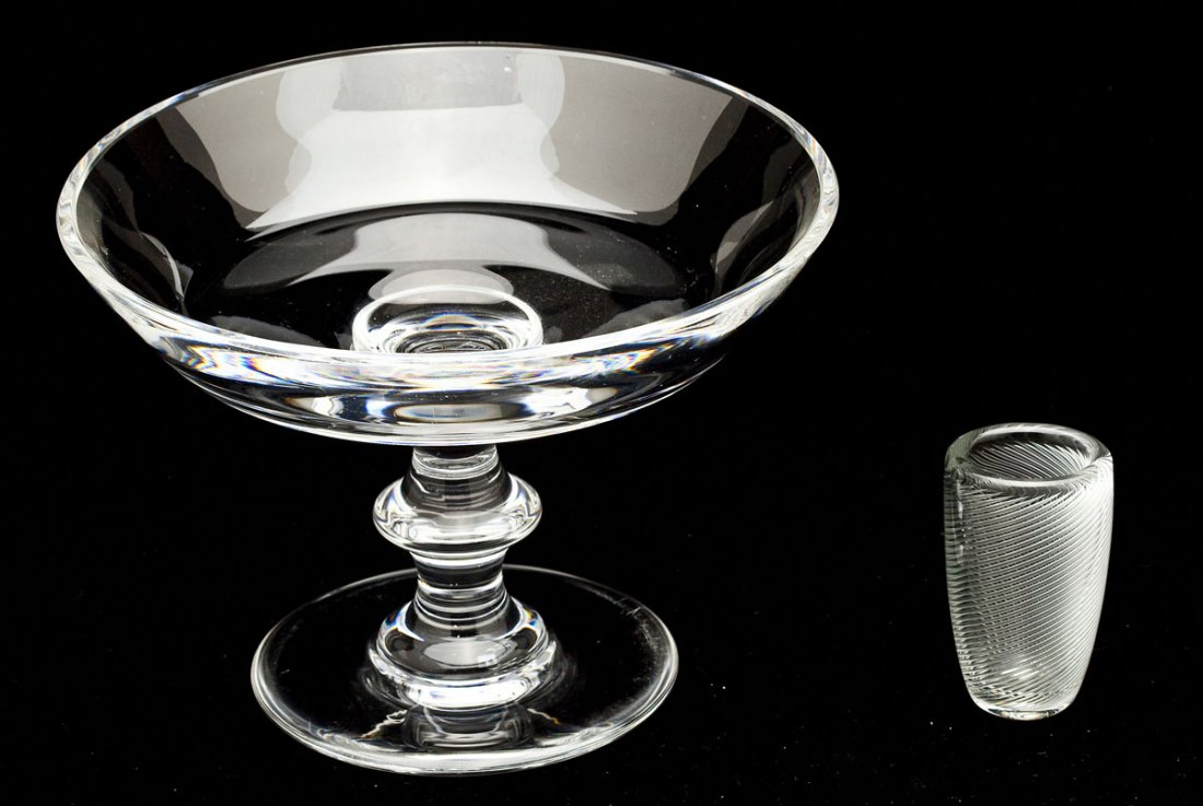 2 Pcs Art Glass Kaj Franck & Val St. Lambert: DESCRIPTION: Two pieces of art glass. Includes: 1) Kaj Franck (Finnish, 1911-1989). Circa 1953. Handblown clear glass thick shot glass. Inscribed on the bottom, "K. Franck Nuutajarvi Notsjo -53." 3" h