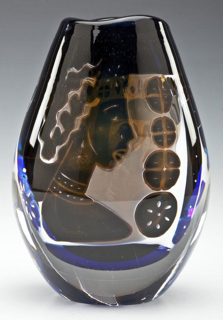 Orrefors Edvin Ohrstrom Ariel Vase: DESCRIPTION: Orrefors "Ariel" cobalt and clear glass vase by Edvin Ohrstrom (Swedish, 1906-1994). Narrow mouth with asymmetrical rim over a bulbous form with thick clear walls encasing a design of a b