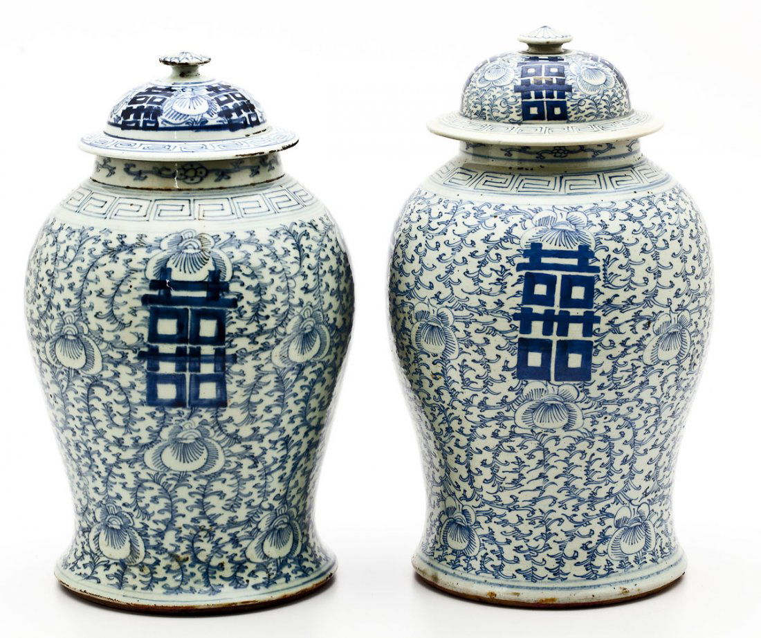 Pair of Chinese Blue & White Ginger Jars: DESCRIPTION: Pair of Chinese blue and white ginger jars on carved wood bases. With a blue Ming Dynasty mark that is not of the period, rather Chenghua Nian Zhi (Chenghua Period Make), Kangxi revival p