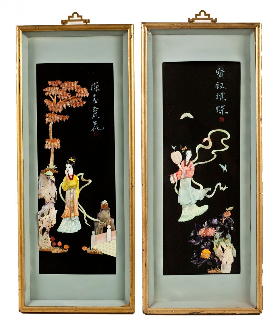 Pair of Chinese Hardstone & Shell Panels: DESCRIPTION: A pair of Chinese panels of carved hardstone and shell depicting ladies in gardens. Signed upper right. Framed in shadow box frames with brass hangers. MEASUREMENTS: 31-1/2" x 13". CONDIT