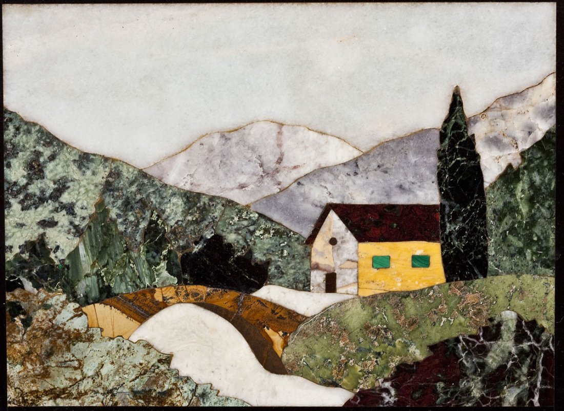Signed Pietra Dura Landscape Plaque: DESCRIPTION: Italian pietra dura landscape plaque depicting a house with a cypress tree amongst mountains in various hardstones. Signed "L. Zani," lower right. In a double-sided gold leaf frame and gl