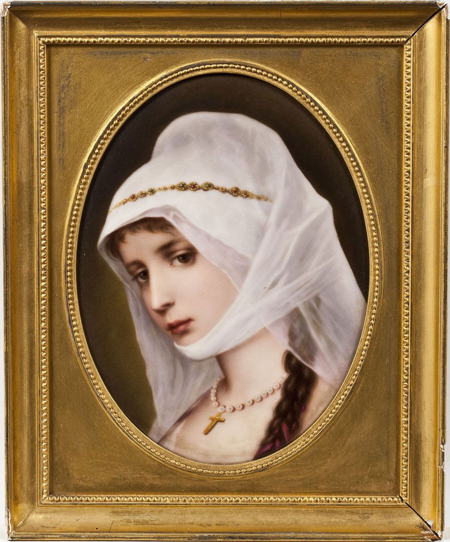 19th C KPM Style Porcelain: DESCRIPTION: KPM style hand painted porcelain portrait plaque of a woman wearing a veil and cross necklace. Framed in a gold leaf frame. MEASUREMENTS: 7-3/4" x 5-7/8". Overall with frame 10-1/8" x 8-1