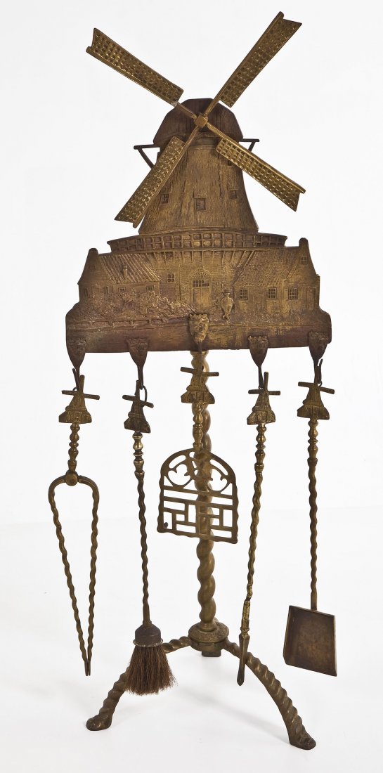 Bronze Windmill Fireplace Set Oscar Bach: DESCRIPTION: Forged bronze fireplace set attributed to Oscar Bach. Stand top in the form of a detailed windmill with rotating blades. Each tool also with a windmill top, all on twist bases. Circa 1900