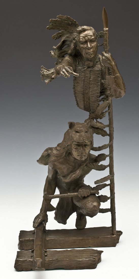 Mark Hopkins (American, 20th Century): DESCRIPTION: Mark Hopkins (American, 20th Century). Iron Road. 1991. Bronze depicting two Native Americans on a portion of a railroad track. Signed, dated, numbered 31/450, and with fingerprint, verso