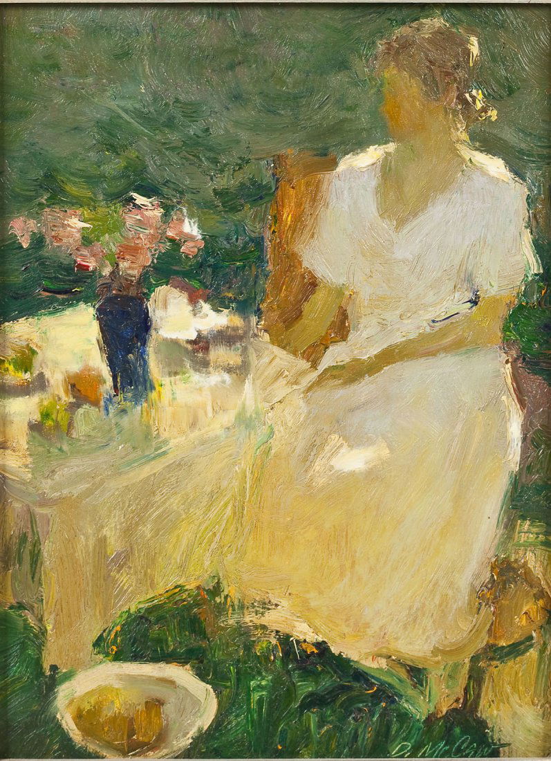 Dan McCaw (American, B. 1942): DESCRIPTION: Dan McCaw (American, B. 1942). Oil on board. Signed, lower right. Depicts a seated woman at a table with flowers. In a painted wood frame. Dan McCaw was born in Butte, Montana and later s