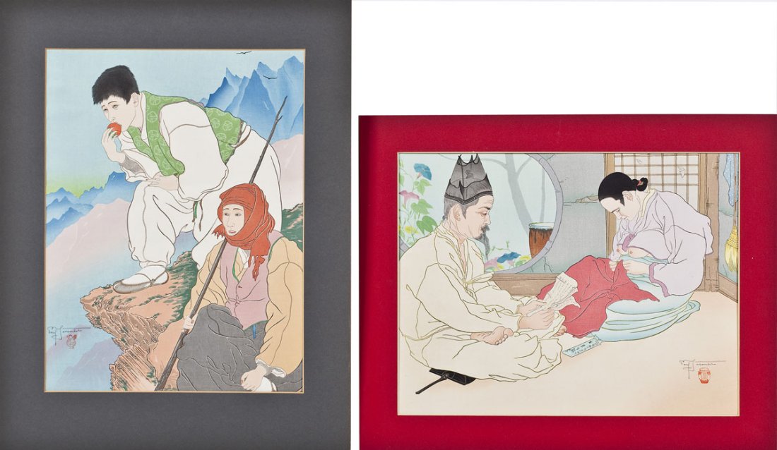 Paul Jacoulet (French, 1902-1960): DESCRIPTION: Paul Jacoulet (French, 1902-1960). Two color woodblock prints on off-white wove paper. Each signed, titled, and with red stamp. Includes: 1) La Lettre du Fils Séoul, Corée. Print depict