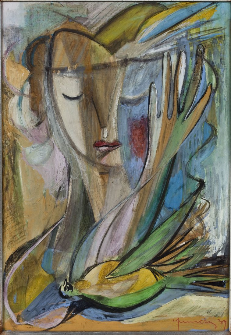 Adja Yunkers (Latvian, 1900-1983): DESCRIPTION: Adja Yunkers (Latvian, 1900-1983). Girl with a Dead Bird. 1939. Pastel and gouache on cardboard. Signed and dated, lower right. In a gold leaf frame and glazed. Before coming to New York 