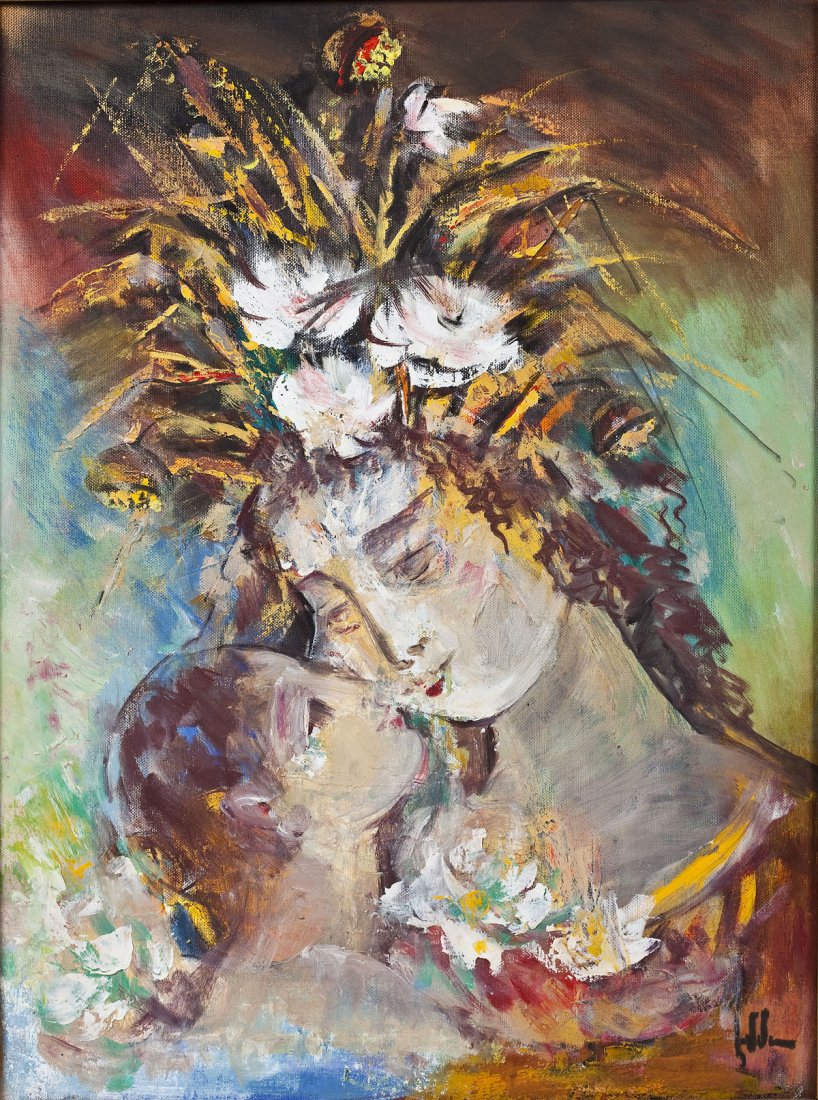 Emma Gregorian (Armenian, B. 1943): DESCRIPTION: Emma Gregorian (Armenian, B. 1943). 1998. Oil on canvas. Signed, lower right. Dated and inscribed, verso. Depicts a mother and child. In a simple gold leaf frame. Born in Gyumri, Armenia,