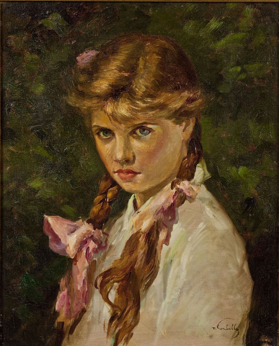 Tito Corbella (Italian, 1885-1966): DESCRIPTION: Tito Corbella (Italian, 1885-1966). Oil on canvas. Signed, lower right. Depicts a portrait of a girl with braids. In a gold leaf frame. MEASUREMENTS: 19-3/4" x 16". Overall with frame 22-