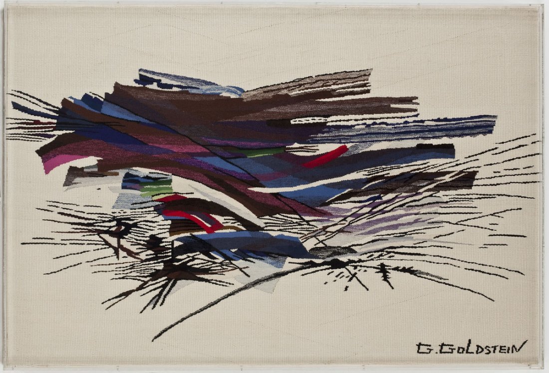 Georges Goldstein (Israeli, 20th Century): DESCRIPTION: Georges Goldstein (Israeli, 20th Century). Rhymes II. Embroidery on linen in a plexi box. Signed, lower right. With a label verso marked, "Atelier Georges Goldstein Jerusalem, Rhymes II, 