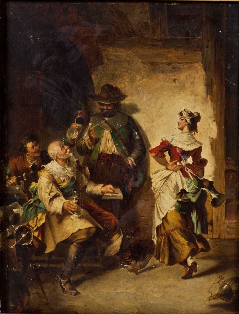 Continental School (19th Century): DESCRIPTION: Continental School (19th Century). Tavern scene. Oil on board. Depicts a waitress in a red shirt serving three men at a table. MEASUREMENTS: 15-3/4" x 11-1/8". Overall with frame 18-1/4" 