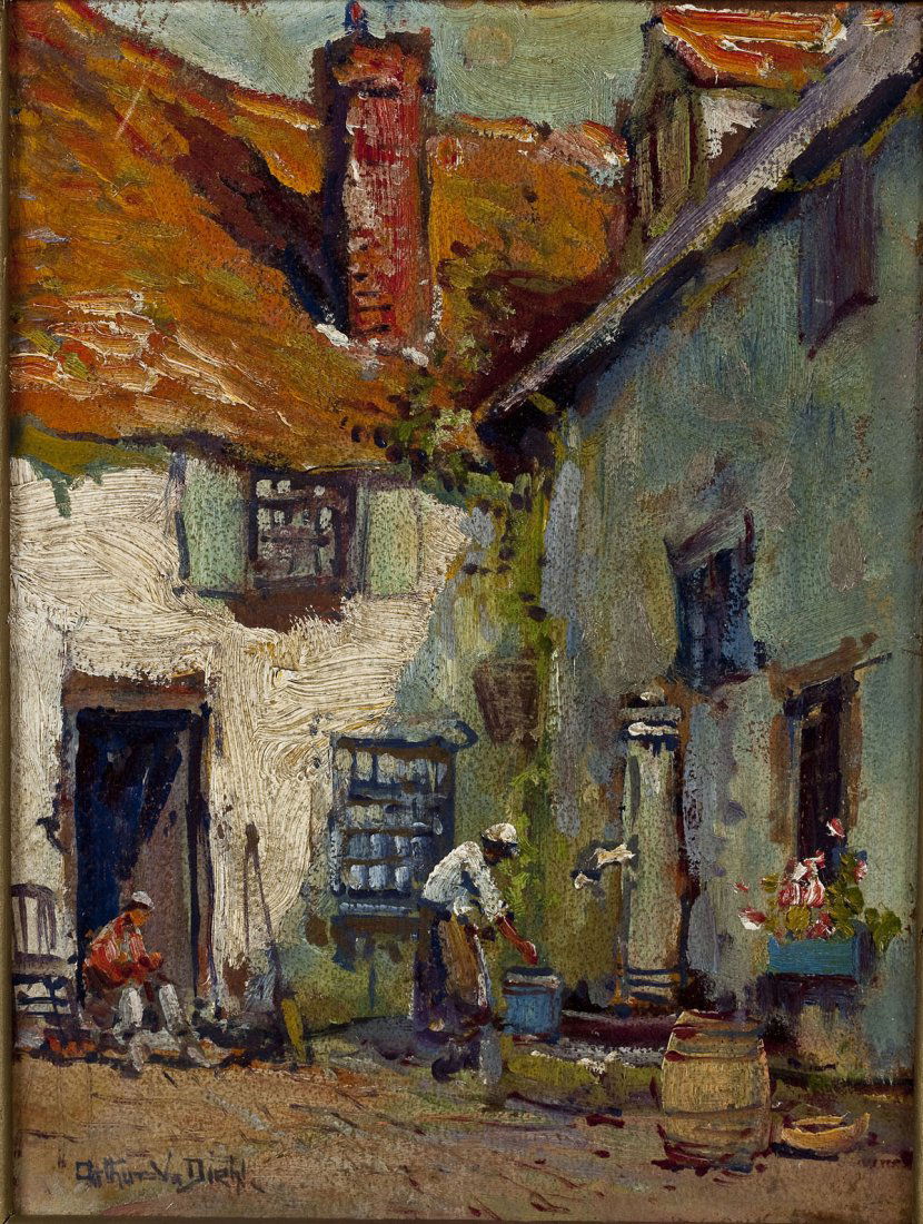 Arthur Vidal Diehl (British/American, 1870-1929): DESCRIPTION: Arthur Vidal Diehl (British/American, 1870-1929). Oil on board. Signed, lower left. Depicts two figures in front of a building. In an ornate gold leaf frame. Diehl was born in England and