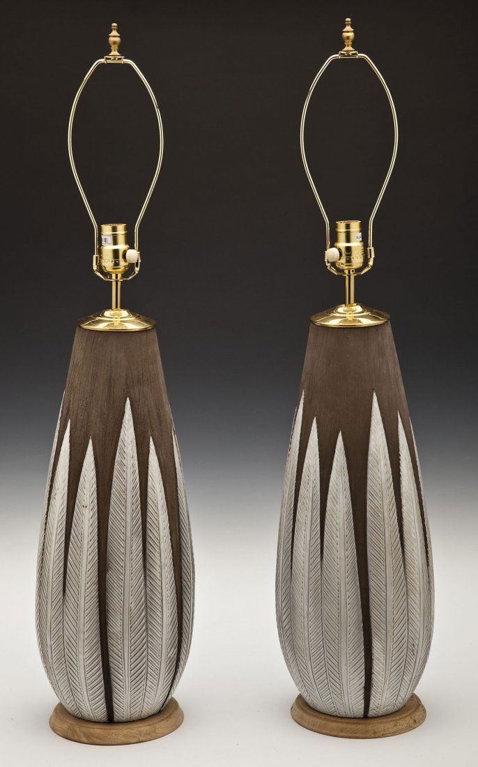 Pair of Upsala Ekeby Paprika Vase Lamps: DESCRIPTION: Pair of Scandinavian Upsala Ekeby Paprika vases by Anna-Lisa Thomson mounted as table lamps. Rough brown ceramic top with a glossy white leaf decor throughout. PROVENANCE: One purchased i