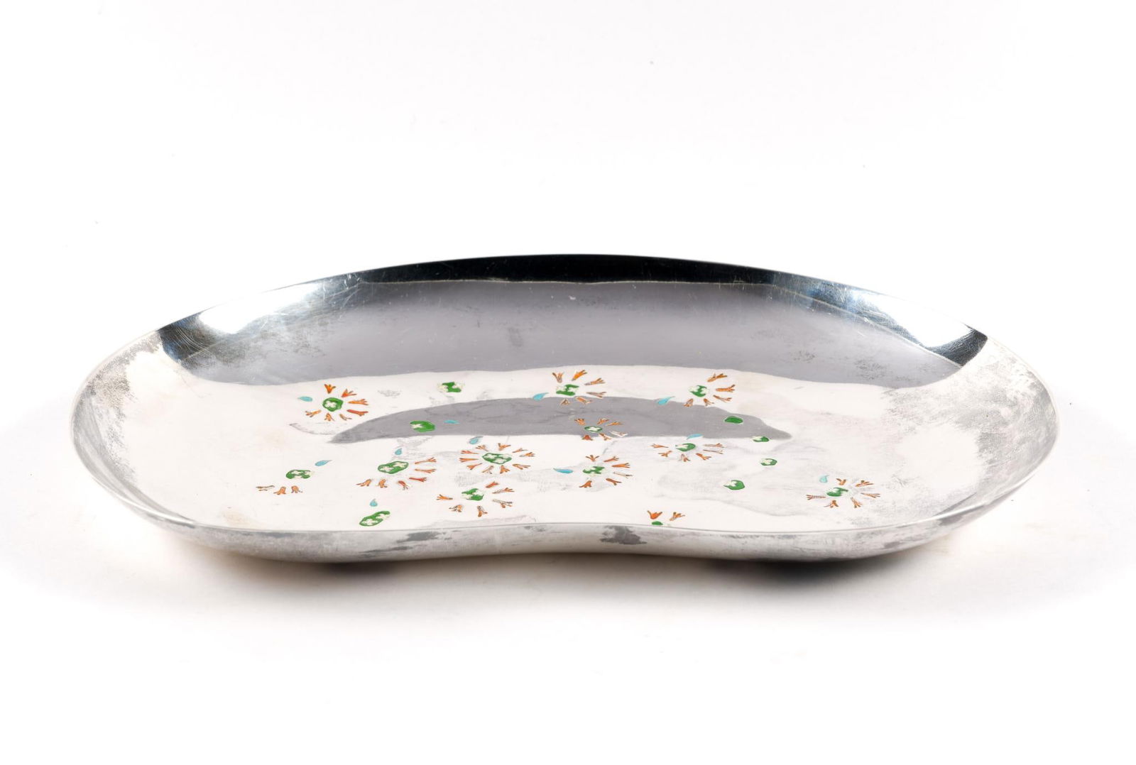 Finnish 916 Silver Plate: Enamel decorations on center of plate. Marked Finland 916 H with maker's marks. 9-1/2" wide x 1" high. 9.58 ozt.