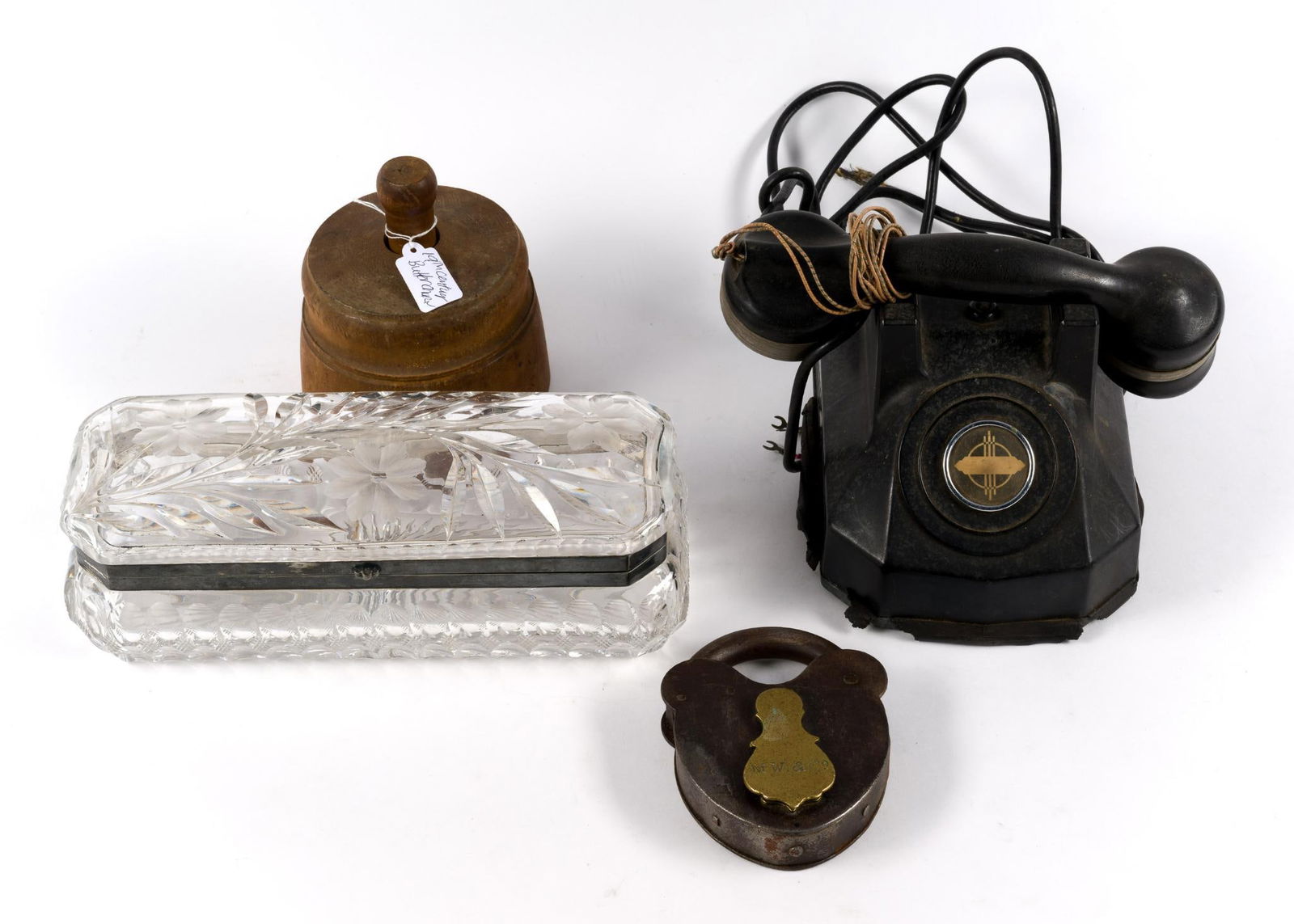 4 Vintage Items incl. Telephone: Also includes cut glass box, lock, and butter mold.