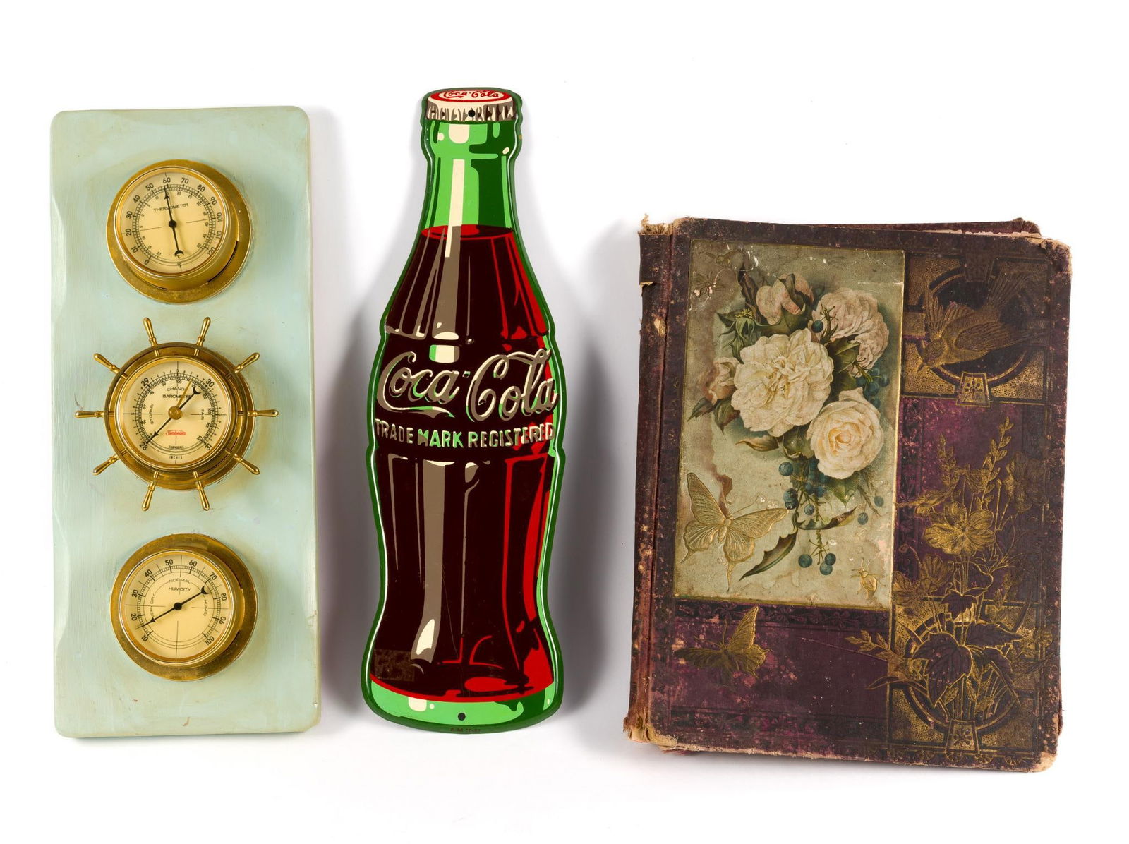Barometer, Vintage Coca Cola Sign, & Antique Greeting Cards: Barometer measures 6-3/4" wide x 16" long.