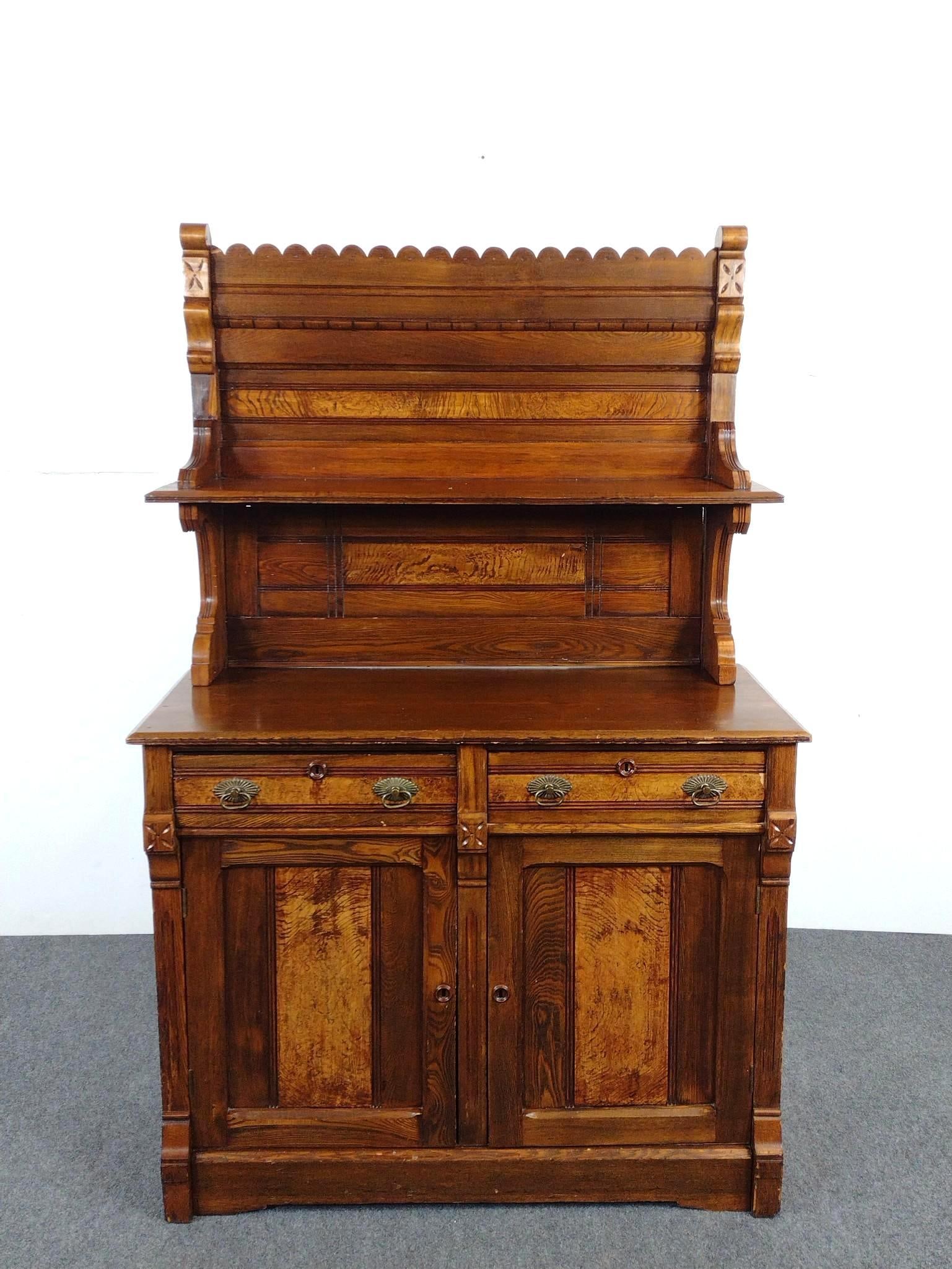 Antique Victorian Eastlake Style Sideboard or Server: NOT ELIGIBLE FOR IN-HOUSE SHIPPING: See Terms for Shipping Options. 44-1/4" wide X 20" deep X 68-1/2" high. Has wear consistent with age.