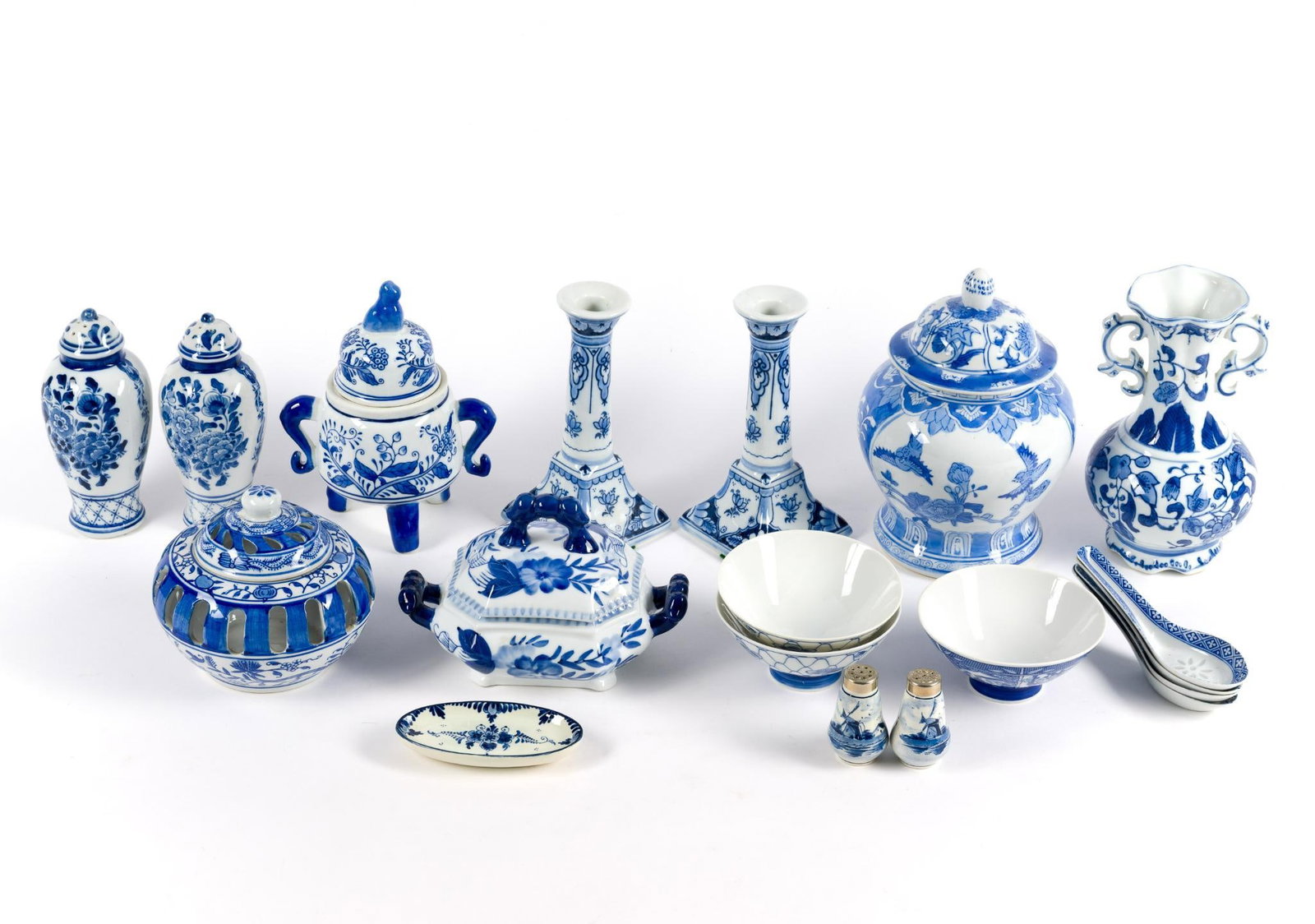 18 Pcs Blue & White Porcelain Pieces incl. Delft: 1-3/4" to 4-3/4" wide x 2-1/2" to 7-3/4" high.