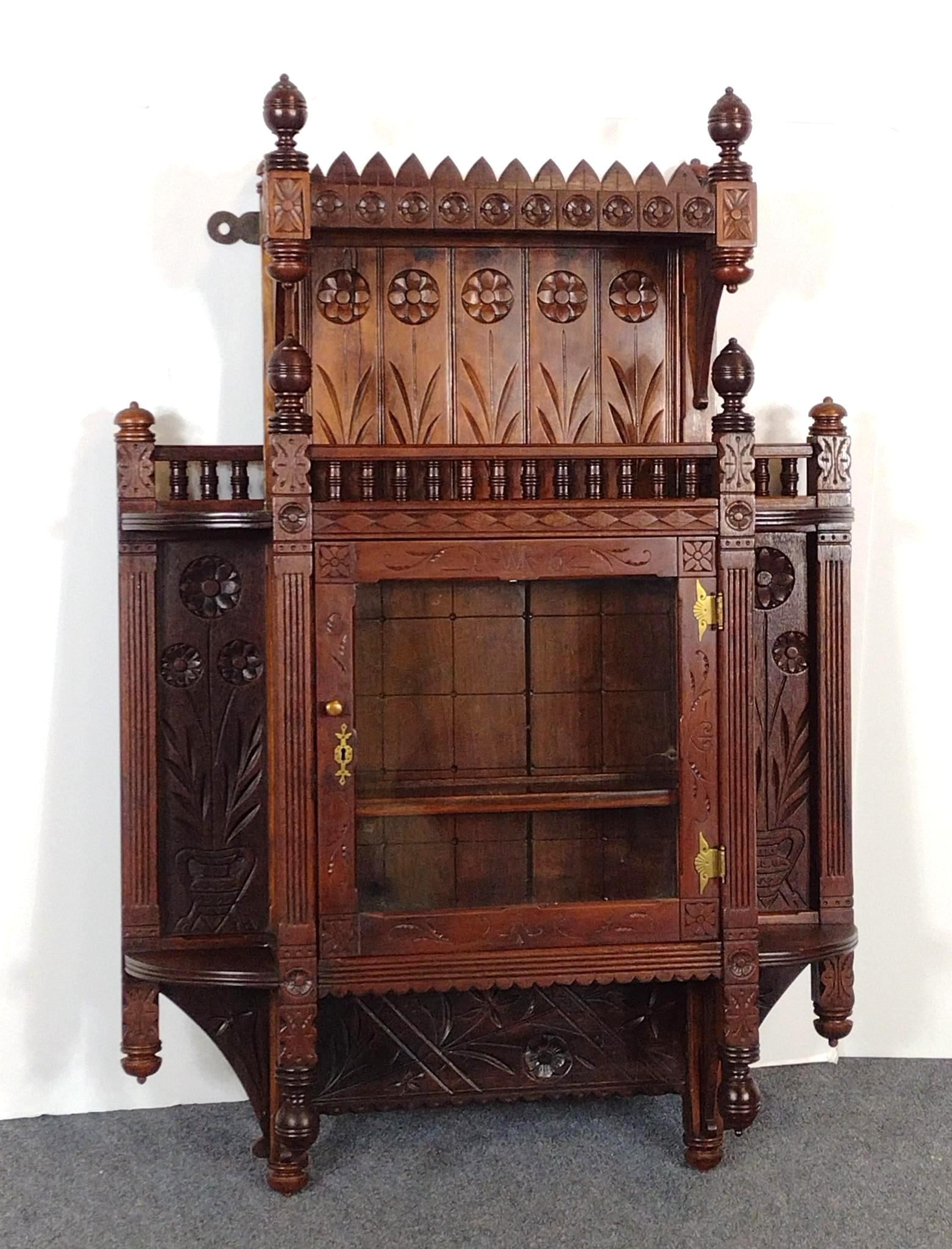 Antique Gothic Revival Large Carved Wall Cabinet or Cupboard (1 of 4)