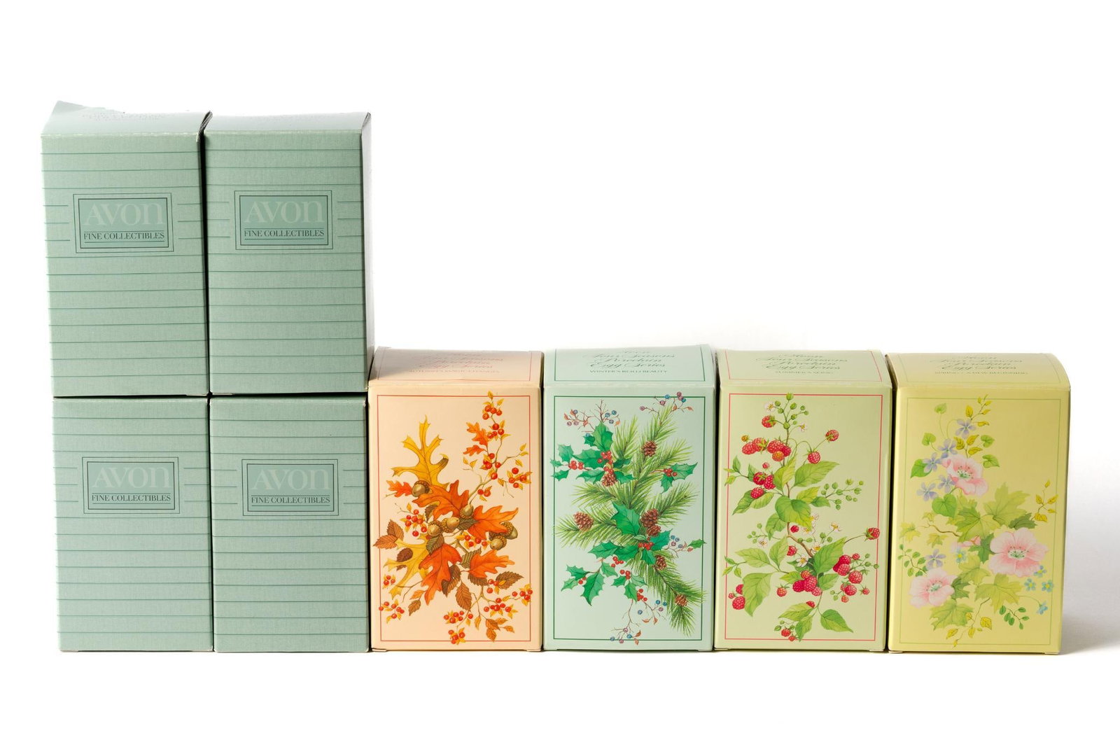 8 Avon Collectible Eggs in OBs incl Four Seasons: Includes Winter's Treasure; Autumn's Color; Summer's Song; and more. All in original boxes.