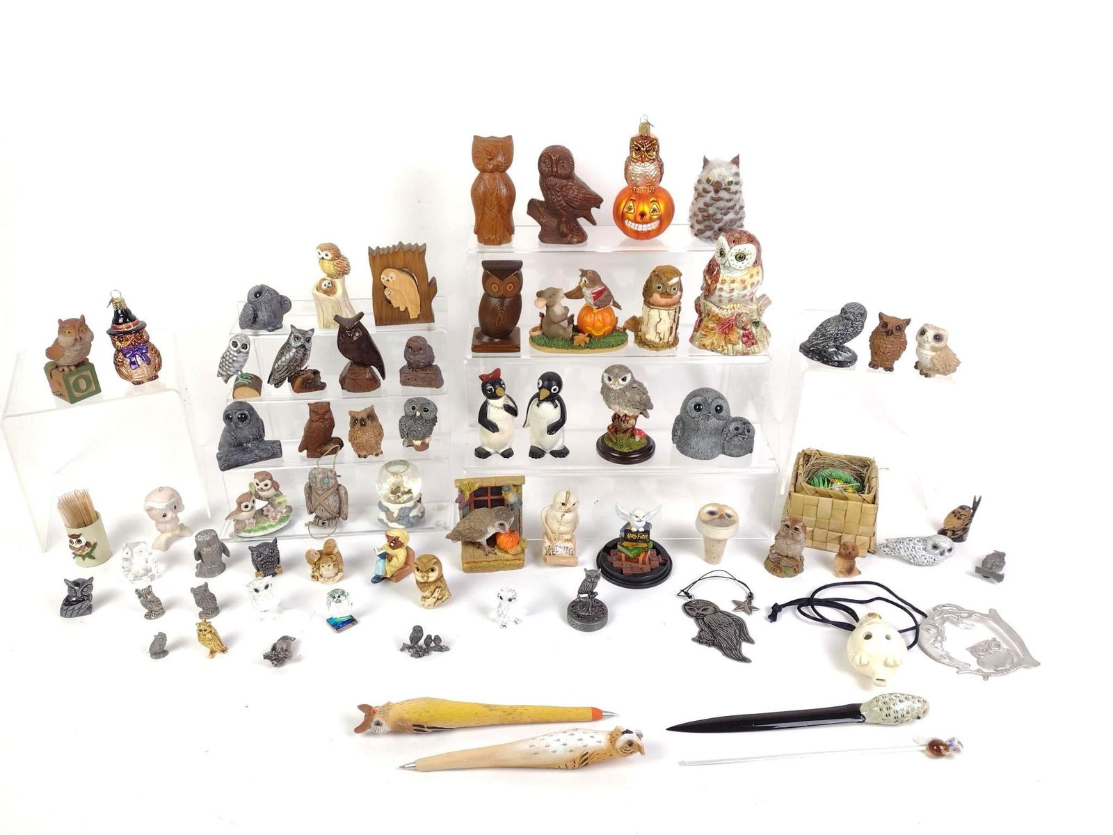 Owl Figurines: Includes wood carved, pewter, glass, and more. 1" to 4-1/4" high.