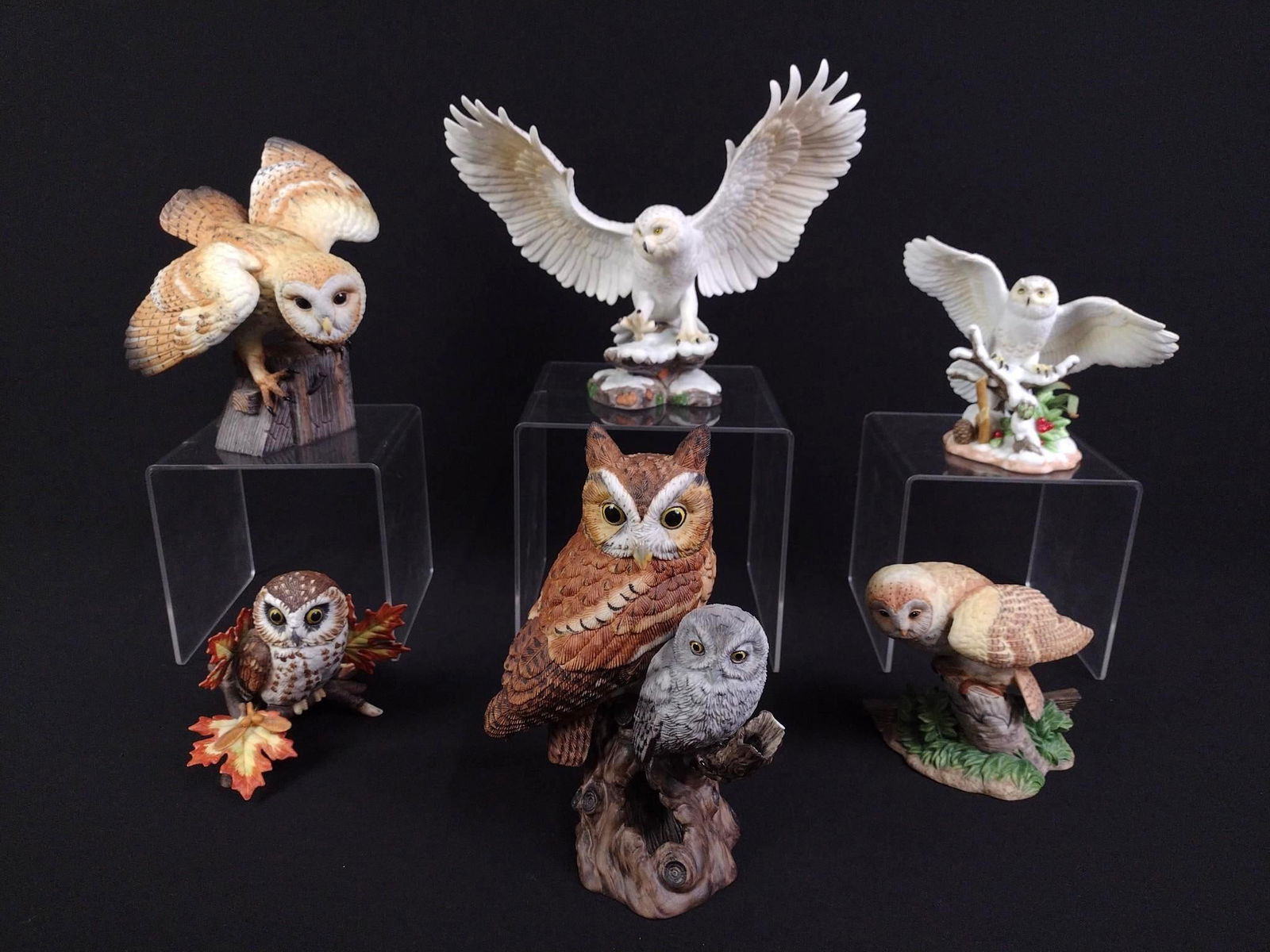 6 Lenox Owl Figurines: Includes Snowy Owl; Barn Owl; and more. 5" to 6" wide x 3-3/4" to 7-3/4" high.